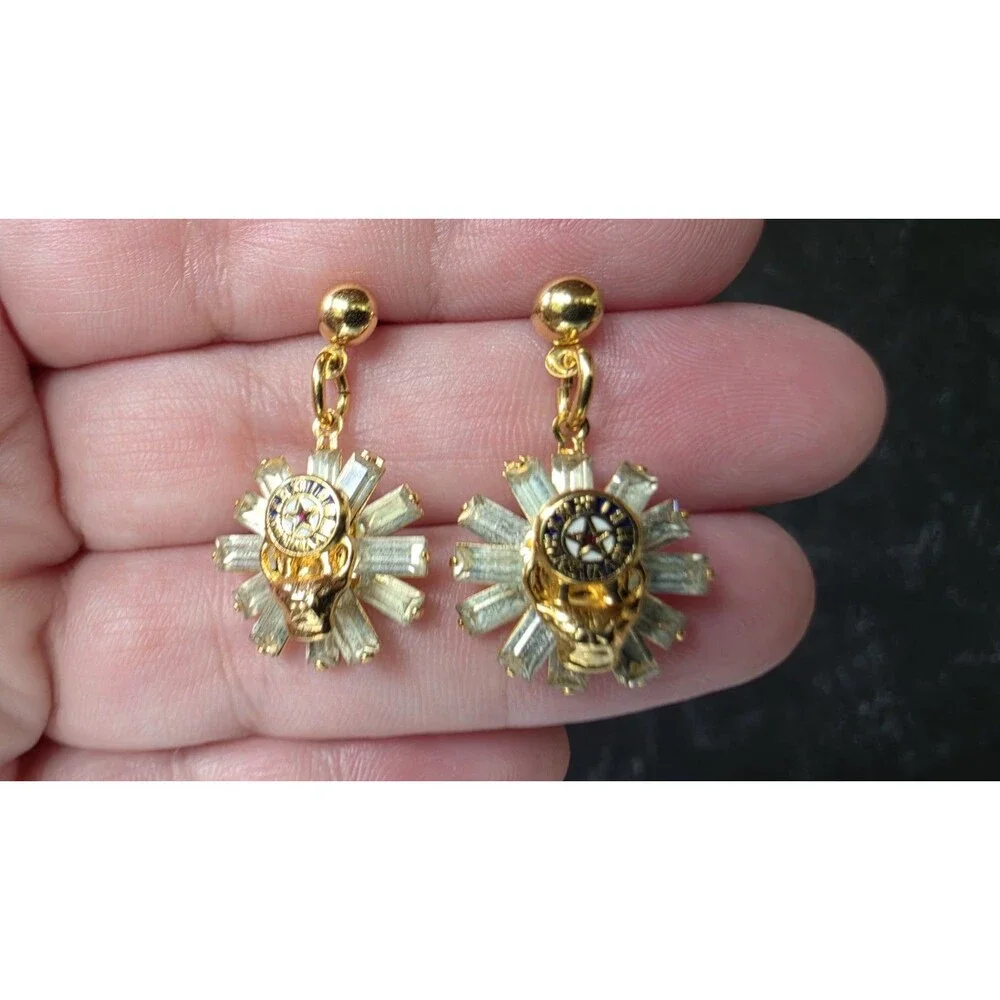 BPOE Elks Lodge Clock Gold Tone Metal Dangling Pierced Earrings Vintage READ